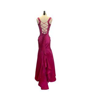 Jump Apparel Pink Dress Fuchsia Satin Gown With Lace-Up Back Sleeveless Ruffle D
